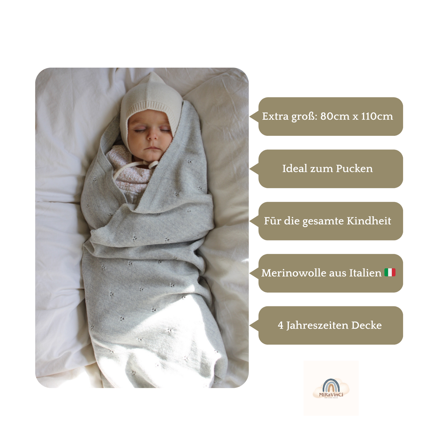 Weiche Babydecke aus 100% Merinowolle - grau