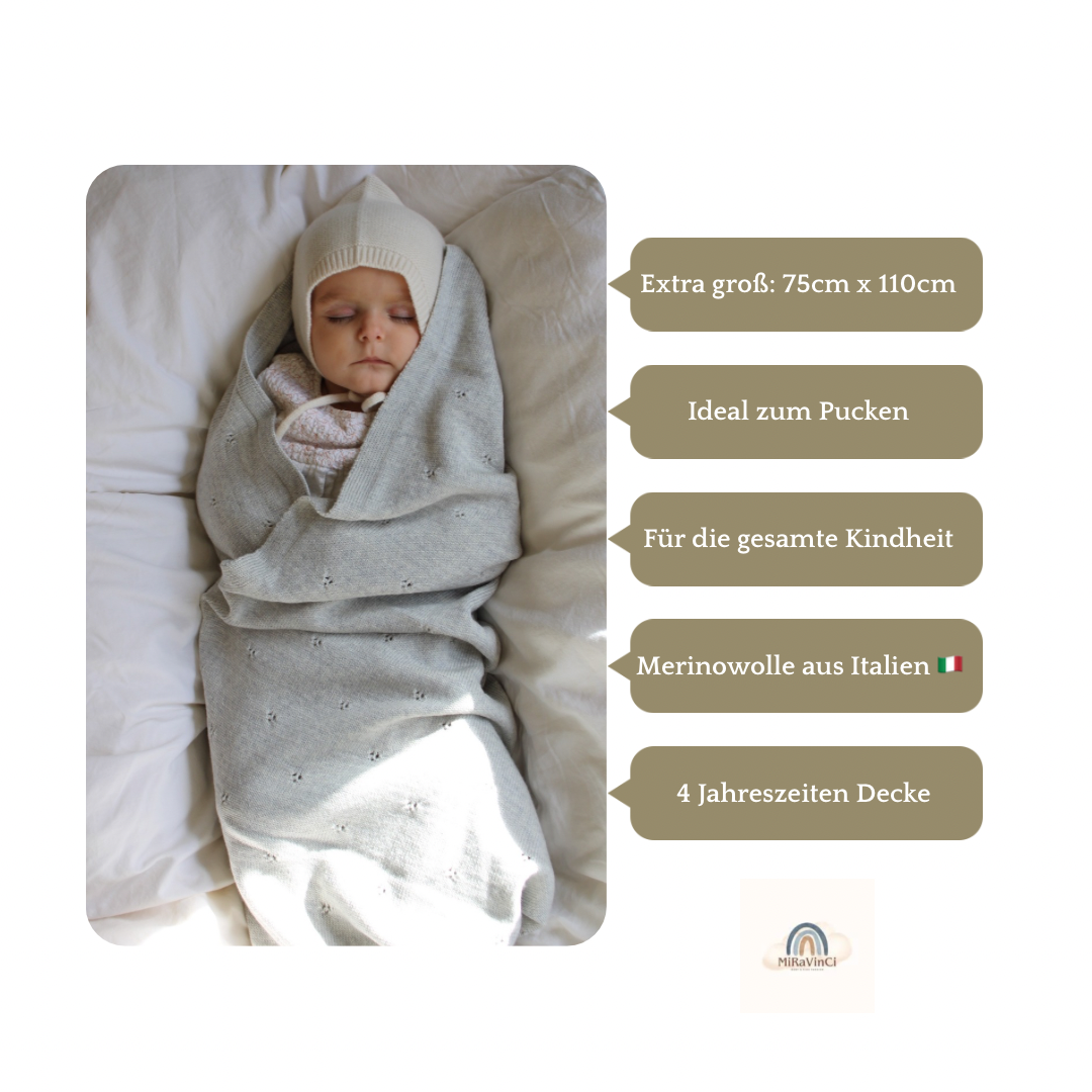 Weiche Babydecke aus 100% Merinowolle - grau