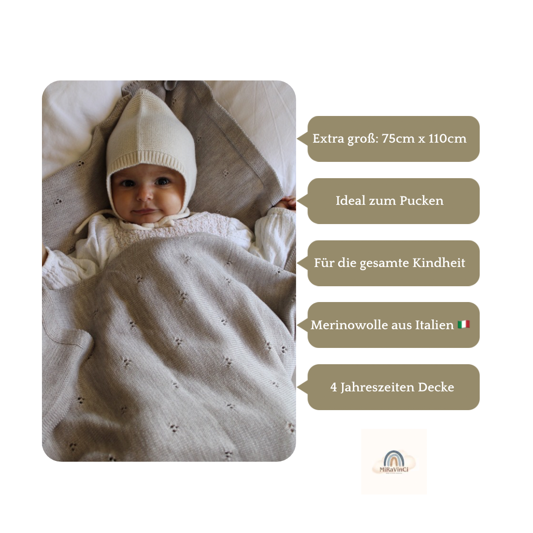 Weiche Babydecke aus 100% Merinowolle - natur