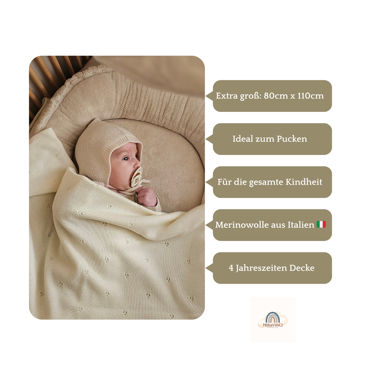 Weiche Babydecke aus 100% Merinowolle - elfenbein