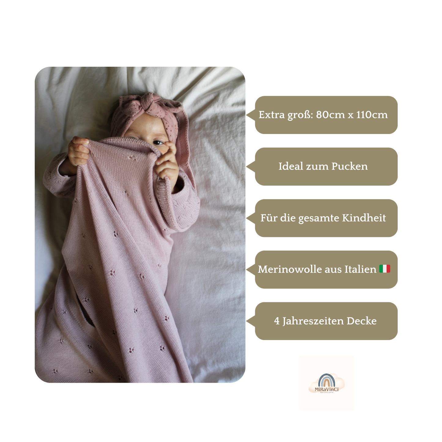Weiche Babydecke aus 100% Merinowolle - rosé